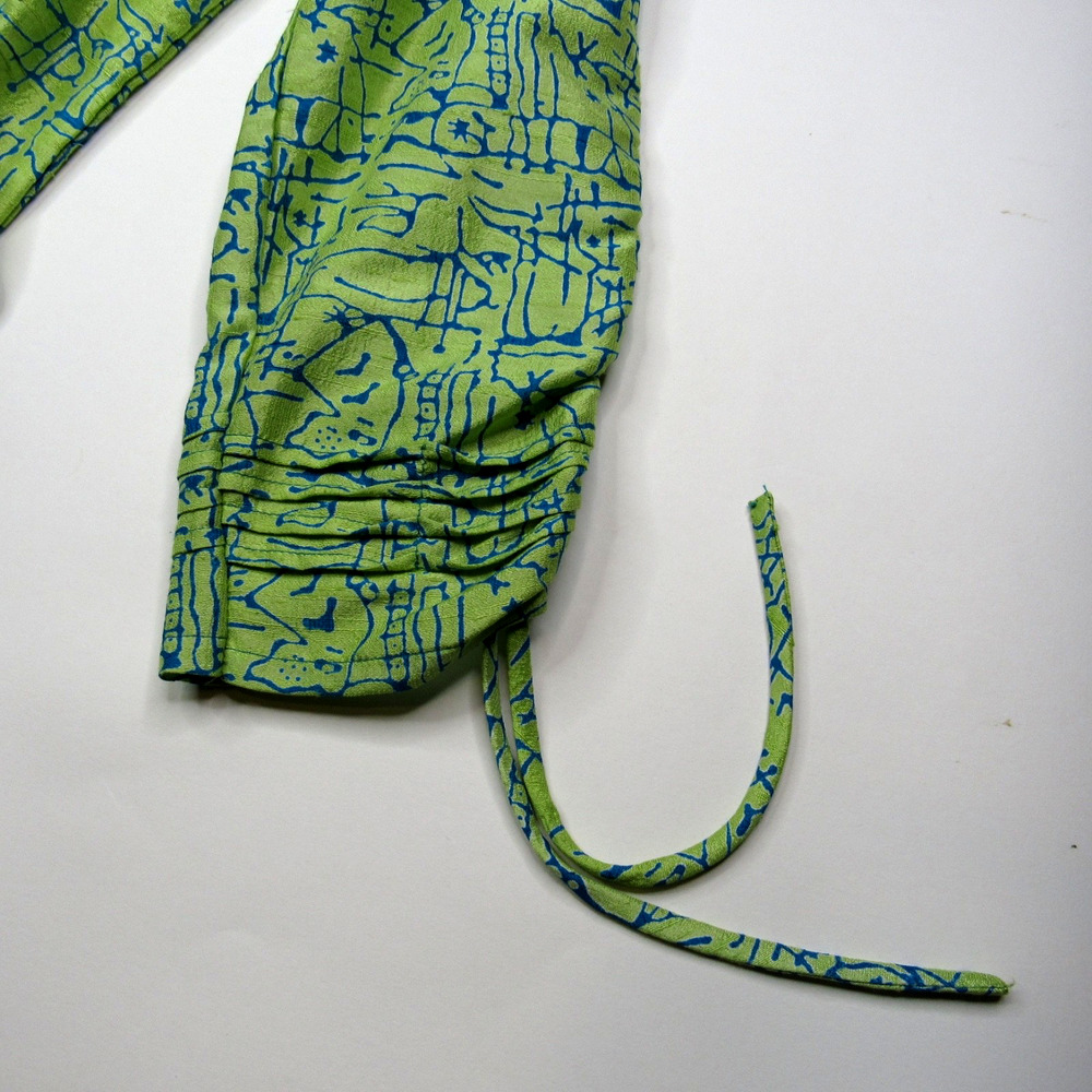 Yak Magik Womens Silk Shirt Medium Green Blue Vintage 90s Statement Eclectic Art - Picture 4 of 9